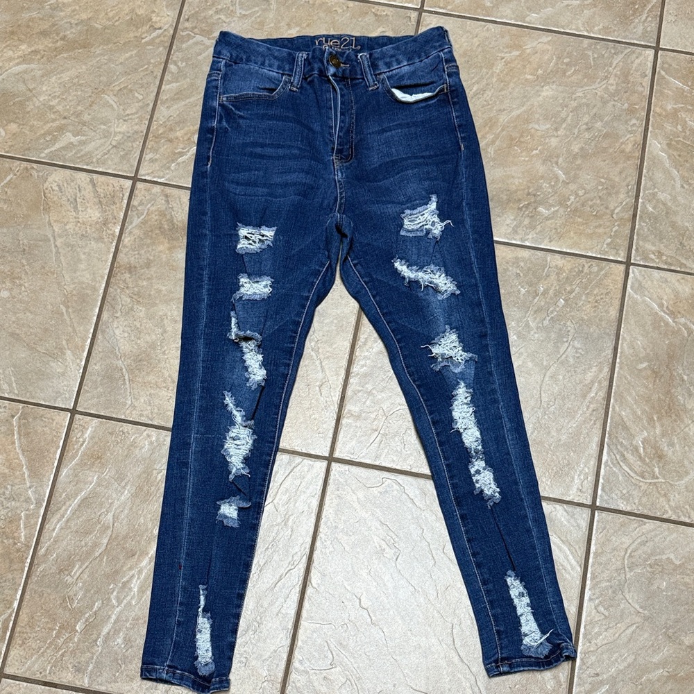 Rue21 Dark Blue Distressed Skinny Jeans
